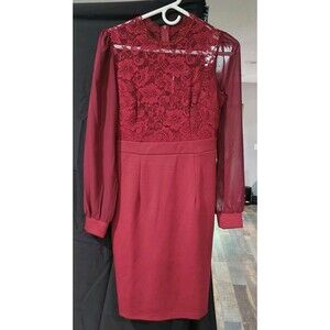 Grace Karin Women's Maroon Long Sleeve Dress With Lace & Sheer Sleeves Sz SM B4